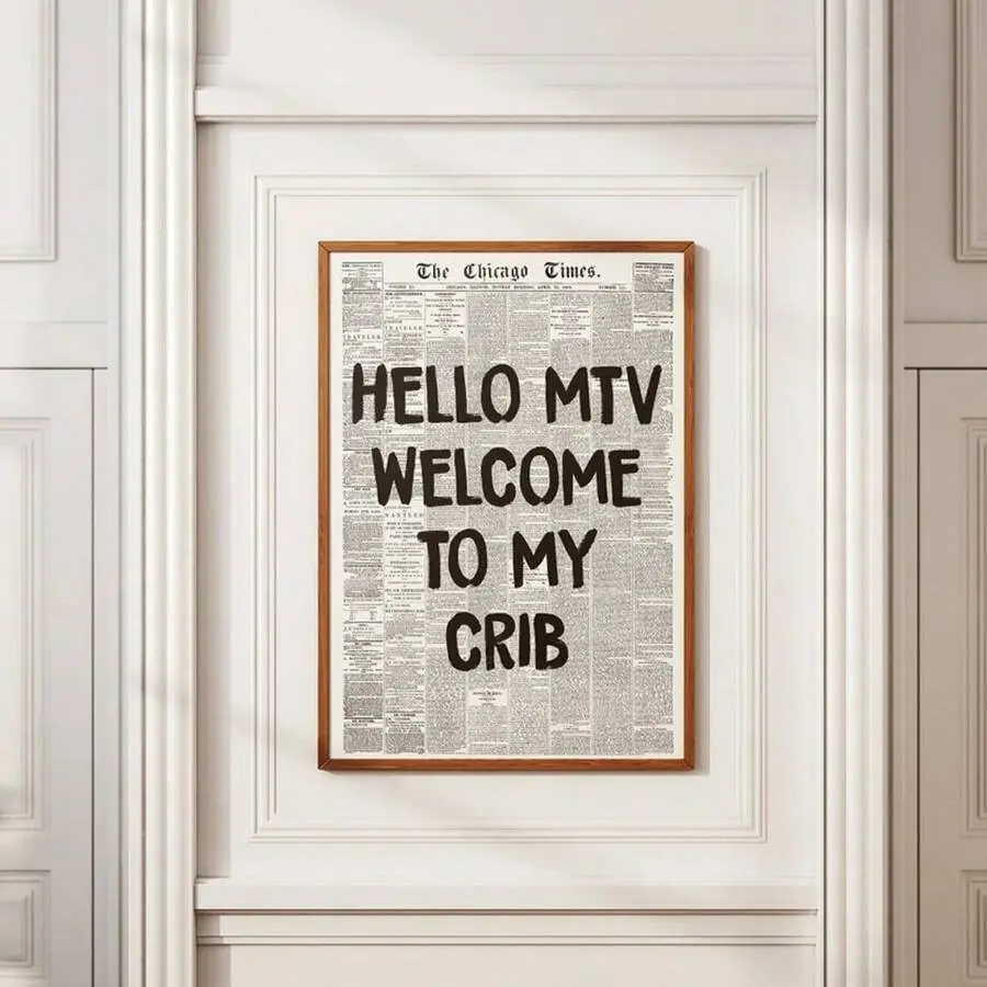 1pc,Hi MTV, Welcome To My Crib Print - Retro Newspaper Print, Typography Poster, 70's Wall Art, Aesthetic Wall Art,Unframed,Canvas Gifts Birthday Graduation