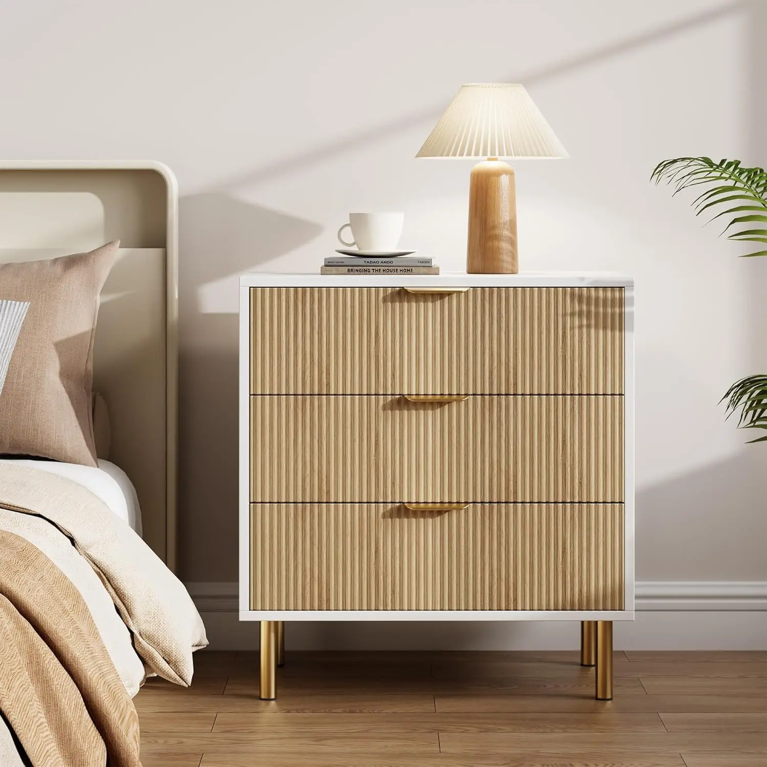 3-Drawer Oak Wood Dresser, Wooden Storage Cabinet with Gold Handles, Organizer for Bedroom, Living Room, Three-Drawer
