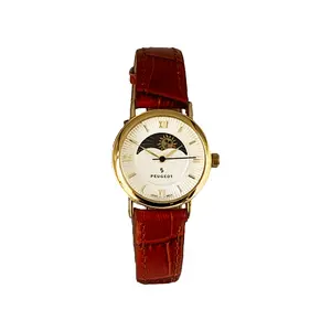 Peugeot Women's 26mm Sun-Moon Phase Gold Watch with Brown Leather Strap