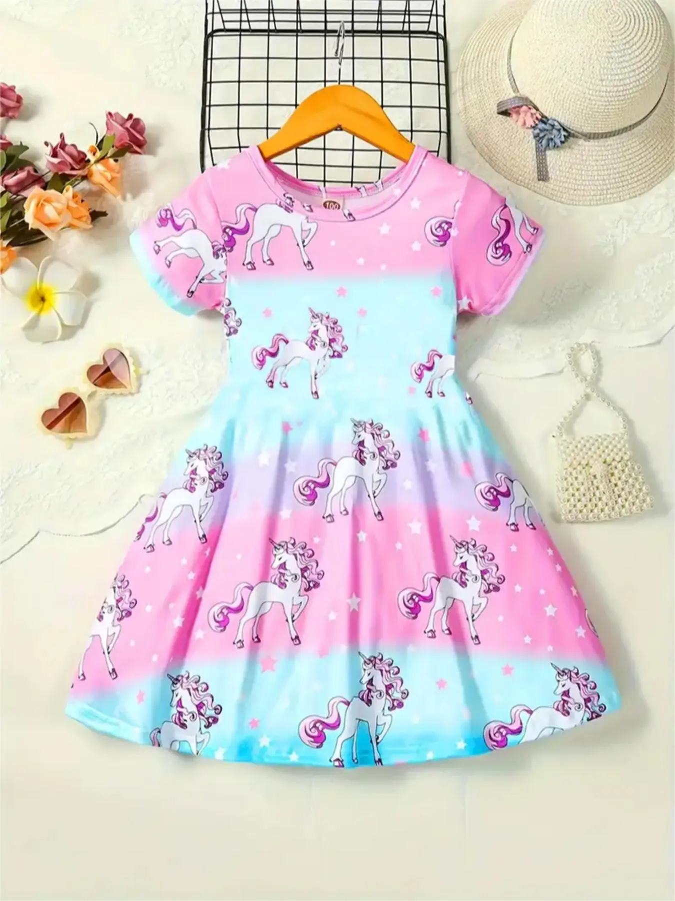 Girl's Cartoon Unicorn Print Short Sleeve Dress, Cute Casual Fashion Round Neck Dress for Summer, Kids Clothes for Daily Wear