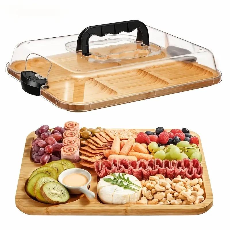 Bamboo Transparent Acrylic 1pc Cheese Tray with Lid - Portable Deli Platter for Camping, Parties, Restaurants |   Serving Tray for Holiday Appetizers, Charcuterie & Snacks, Party Snack Organizer, Secure Snapon Lid