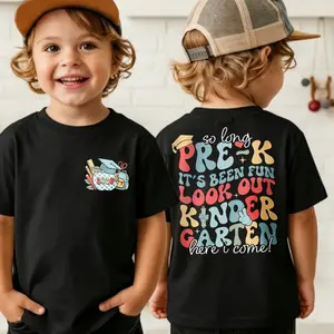 So Long Pre-K Look Out Kindergarten T-Shirt, Retro Groovy Pre-K Graduation Tee, First Day of Kindergarten Front Back Print T-Shirt