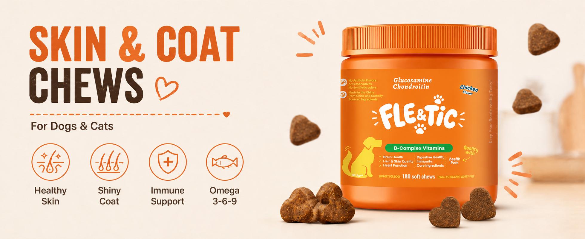 180ct Flea and Tick Prevention for Dogs Chewables - Dog & Cat Soft Chews, Omega3 Pet Supplement for Skin, Coat, Digestion & Immune Support, Chicken