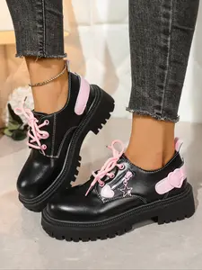 Women's Colorblock Oxford Shoes, Casual Lace-Up Flat Shoes, Hole Design, All Season PU Leather Footwear