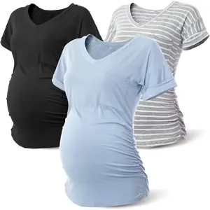 Long Enough Maternity Shirts Short Sleeve Summer Pregnancy Tops& Tees Clothes V Neck Casual Outfits for Women 3 Pack