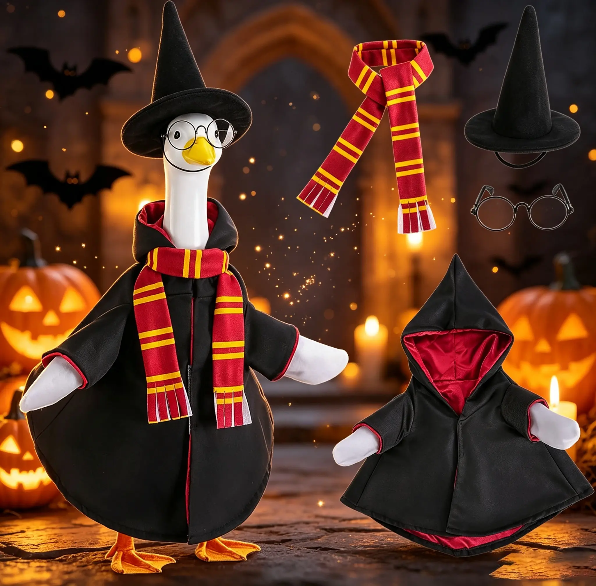 4 Piece Christmas Magic Wizard Porch Goose Costume Set - Striped Scarf, Witch Hat, Round Glasses, Hooded Cloak - Halloween Cosplay Decor for 23" Goose Statue Outdoor Ornament