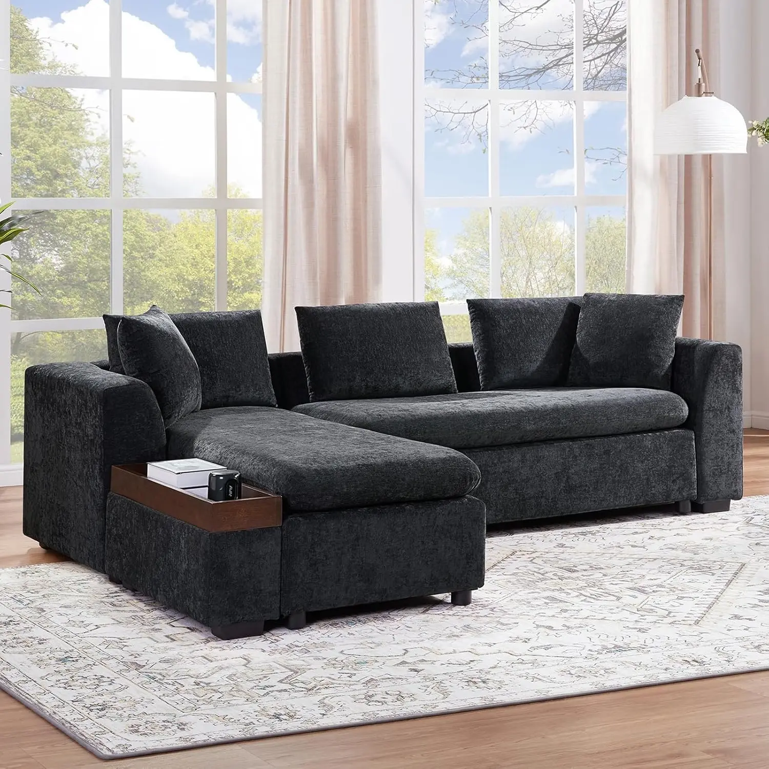 93.7" L-Shaped Sectional Sofa Chenille Upholstered Sofa Couch with Wooden Storage Compartment for Living Room, Office and Hotel，Black
