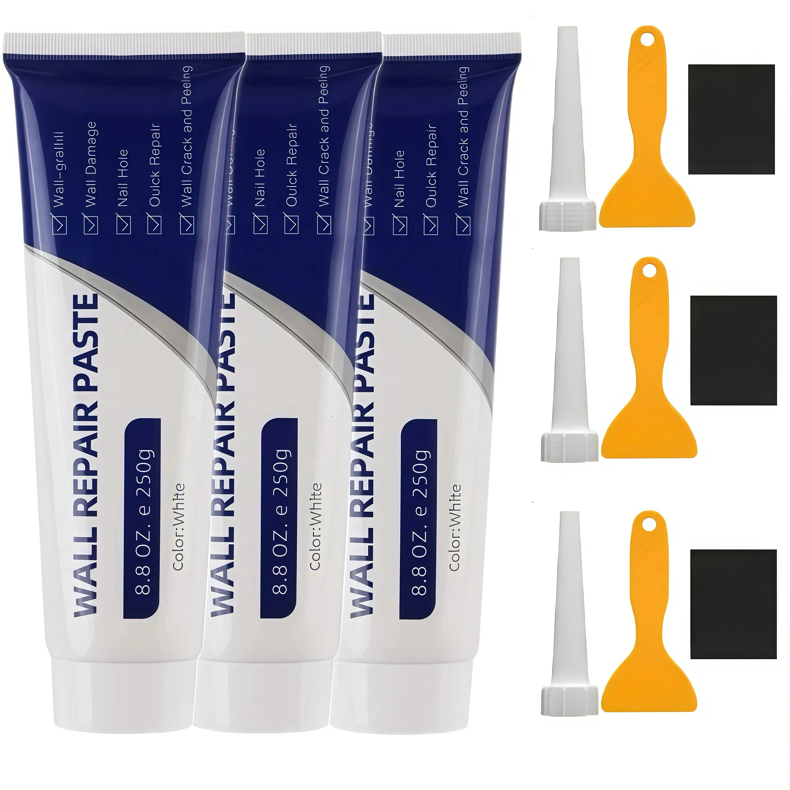 3-Pack DIY Drywall Repair Kit - 250g per Tube Wall Mending Agent, Scraper, Heavy-Duty, Water-Resistant Concrete Home Improvement Building Supplies for Wall Hole Filling, Crack Repair