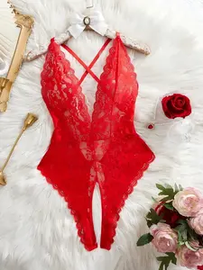 Women's Sexy Lace Backless Bodysuit, Adjustable Straps, Crisscross Design, Rhinestones Detailing, Fitted & Thin Fabric, All Season Wear