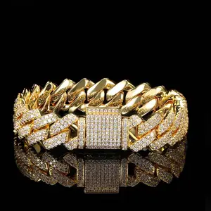Hip-hop 14mm diamond-shaped Cuban chain zirconia full-diamond men's bracelet, light luxury high-end jewelry accessory