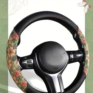 [Anti-Slip] Fit Cork Print Napa Steering Wheel Cover |   Anti-Slip, Easy  Clean, Durable |   Vintage Green Floral Print Design |   Car Accessory |   Stylish