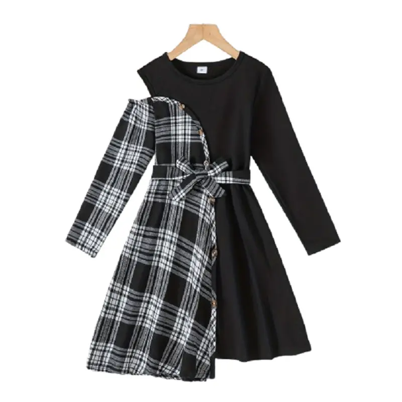 Ready Stock Kid Girls Elegant Plaid Dress 8Y,9Y,10Y,11Y,12Y Girls Long Sleeve Patchwork Belted Asymmetrical Party Dress 42506003