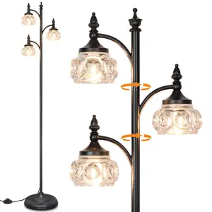 Adjustable Tall Tree-Style Floor Lamp, 66.5 inches tall, featuring 3 swiveling heads with glass shades. Modern decor suitable for living rooms, bedrooms, offices, studies, and corner spaces.