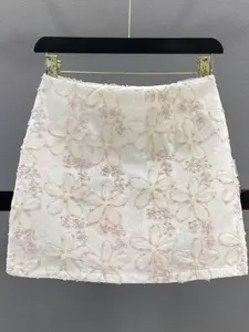 3D Floral Embroidery Sheer Lace Mesh High Waist Mini Skirt, Sweet Fairy Style Casual Party Dress, Elegant Wedding