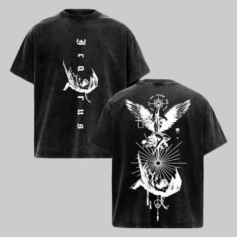 Men's Icarus Graphic Apparel - Oversized Gothic Streetwear Menswear, Vintage Washed Heavyweight Soft Cotton, Seamless Collar, Loose Shortsleeve T-Shirt, Tops, Baggy, Vintage Retro, Relaxed Cut, Pre-Washed Soft, Heavyweight Tee, Graphic Print, Rib, Round N
