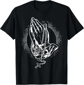 Praying hands with rose and rosary Casual Short Sleeve Cotton T-Shirt