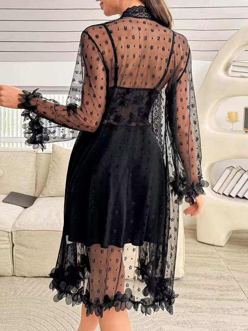 Women Solid Color Mesh Panel Lace Pajama Set with V-Neck, Adjustable Straps Comfortable Sleepwear