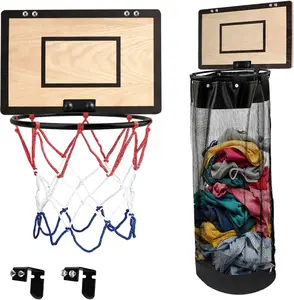 Over the Door Basketball Laundry Basket, 2-in-1 Wooden Basketball Hoop Laundry Hamper, Space Saving Hanging Organizer for Kids, Dirty Clothes Storage with Zipper for Kids Room, Dorm, Bedroom, Bathroom