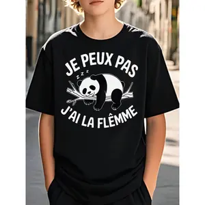 1Casual Trendy Boys' T-Shirt Featuring a Graphic of a Panda with The French Slogan 'Jai La Flemme', Suitable for Kids Aged 5 to 13