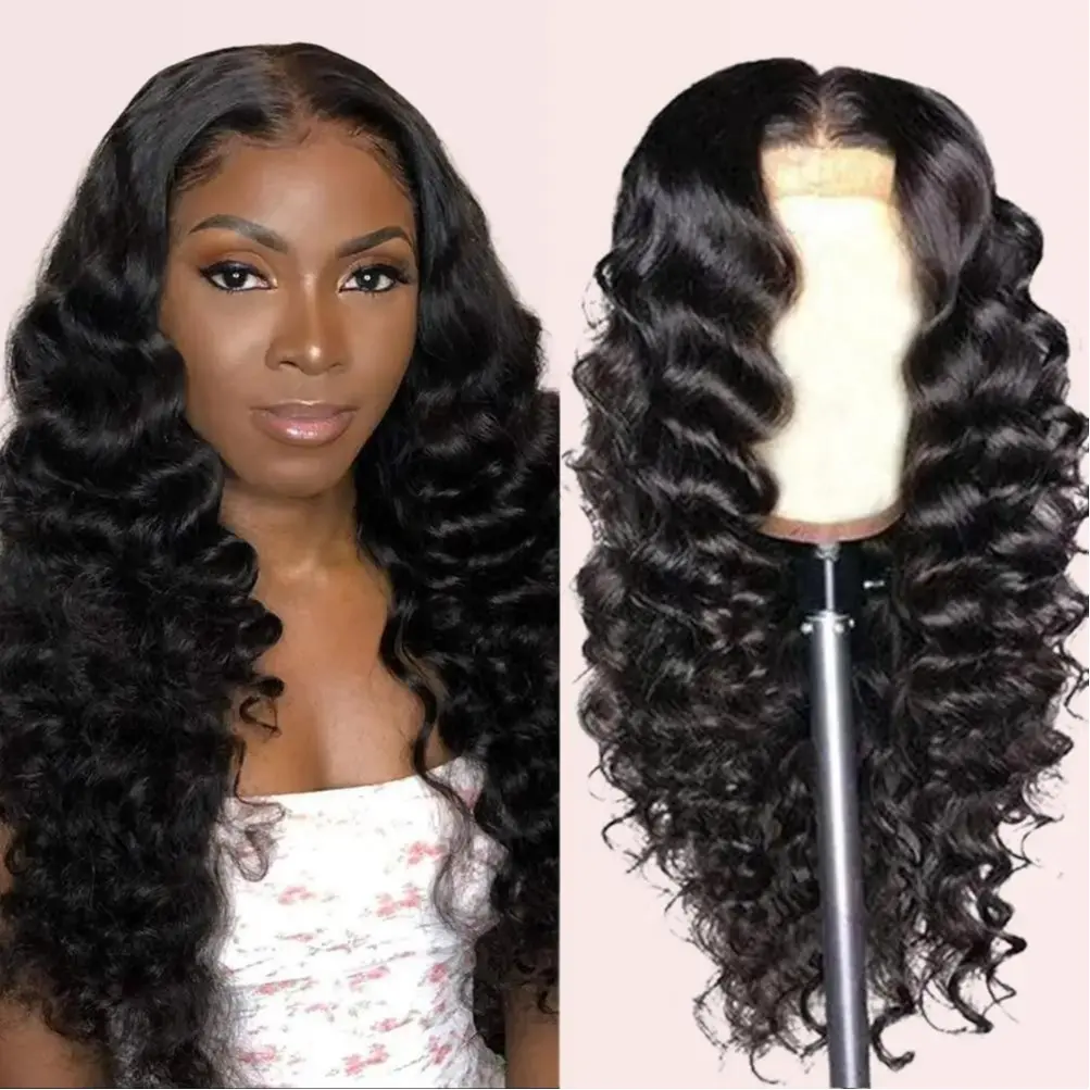 Uolova 13X4 Loose Deep Wave Lace Front Wigs For Black Women Glueless Wigs Human Hair Pre Plucked 22 Inch H-D Transparent Lace Wig with Baby Hair Loose Deep Wave Wigs Natural Black 180% Density