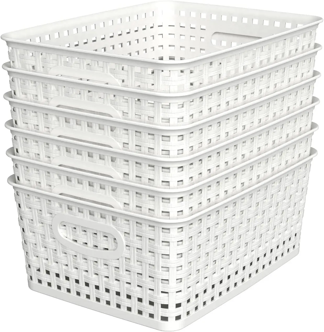Woven Plastic Storage Baskets, 6 Pack White Weave Bins Organizer, 10.1" x 7.55" x 4.1"