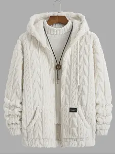 Men's Textured Letter Patched Pocket Zip Up Soft Fuzzy Sherpa Fleece Jacket Loose Casual Long Sleeve Drawstring Hooded Plush Outerwear Fall Winter Clothes Daily Wear 2026 Breathable Warm Cozy Lightweight Trendy Home Outdoor Streetwear Hip Hop