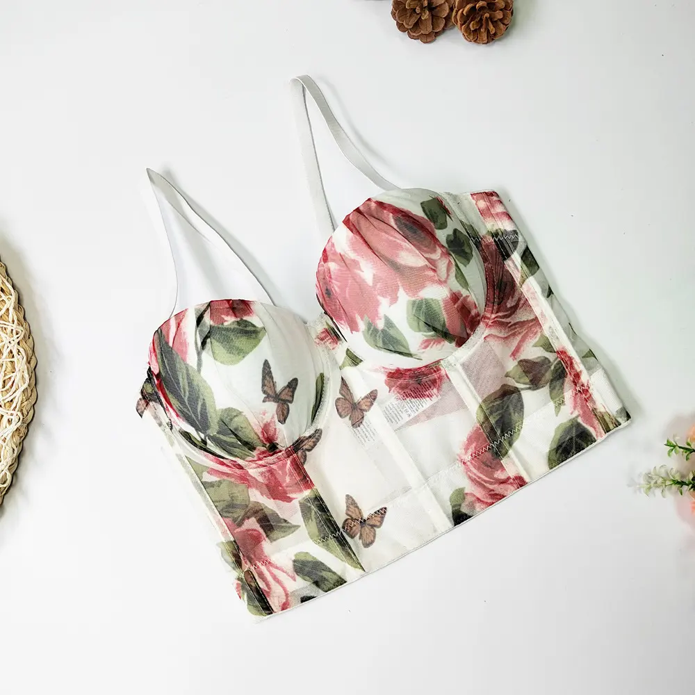 Women's Butterfly Print Corset Crop Top - Sleeveless Lace-Up Bustier with Cute Floral Design for Summer Party, Halloween, Chinese New Year, Easter, Valentine's Day, Children's Day