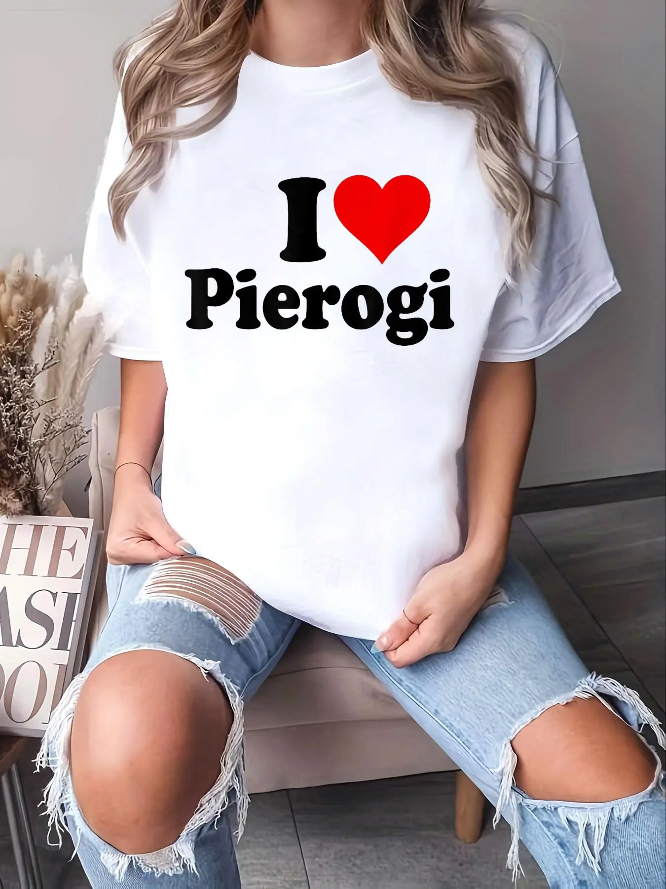 Women's 100% Cotton Round Neck Short-Sleeve Loose Style T-Shirt - Unisex I LOVE HEART PIEROGI Poland Polish Food Polska Cuisine Top, Graphic, Super Soft, All Seasons, Casual, Chic, Large, Machine Wash, Do Not Bleach, wt-l603251