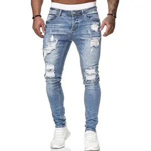 Men's Ripped Stretch Skinny Jeans Denim Trousers - Modern Streetwear Slim Fit Casual Pants with Holes and Pencil Style