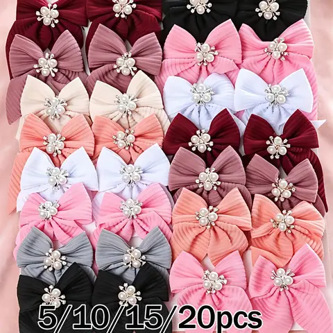 Random 5/10/15/20pcs Girls' Solid Color Textured, Bowknot Pearl Crystal Design, Elegant Princess Style Daily Accessories, Hair Accessory, Perfect for Birthdays, Parties & School Performances