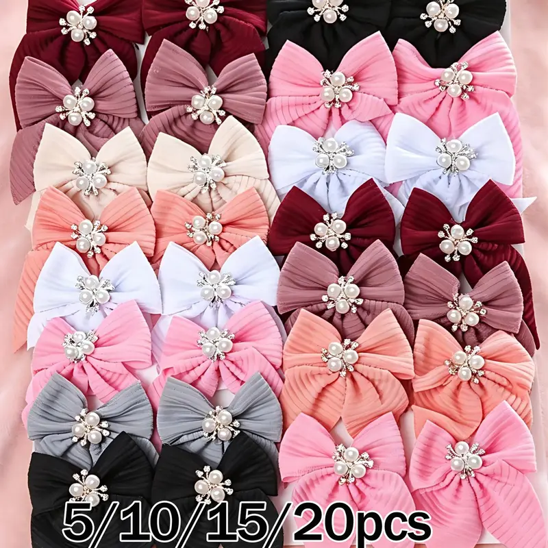 Random 5/10/15/20pcs Girls' Solid Color Textured, Bowknot Pearl Crystal Design, Elegant Princess Style Daily Accessories, Hair Accessory, Perfect for Birthdays, Parties & School Performances