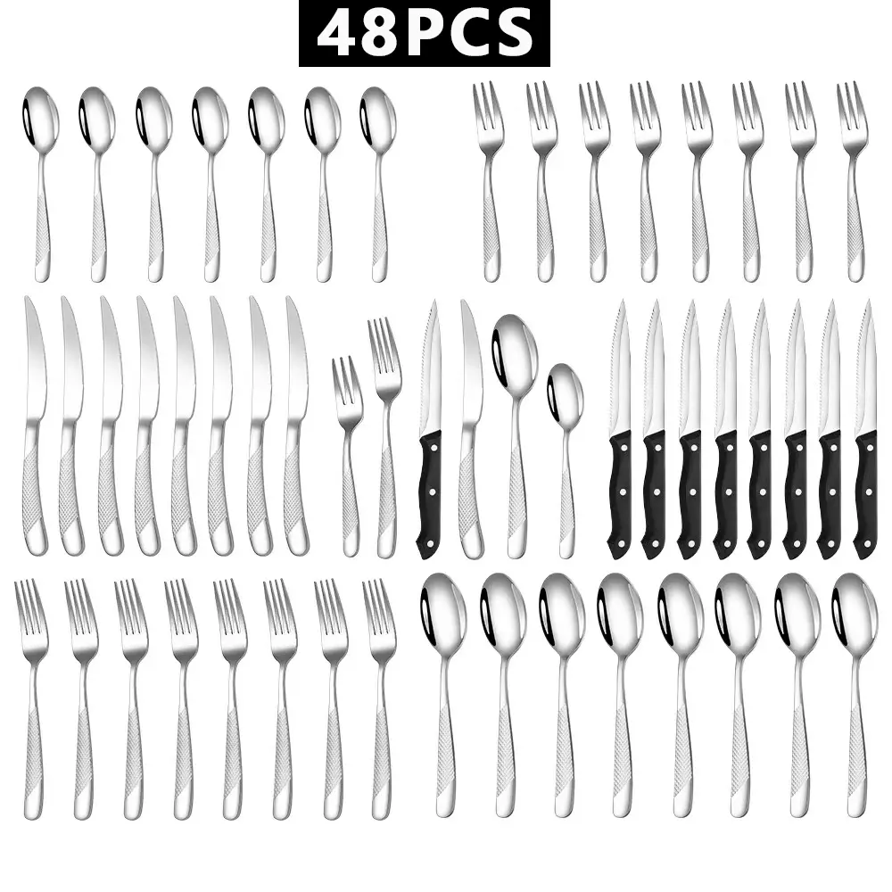 Adult 48-Piece Stylish Polished Finish Stainless Steel Silver Spoon and Fork Set - 8-Person Dinnerware Service Set, Scratch-Resistant Cutlery, Textured Diamond Grip Handles, Steak Knives Included, Dishwasher Safe, Ideal for Spring Brunch, Summer BBQs