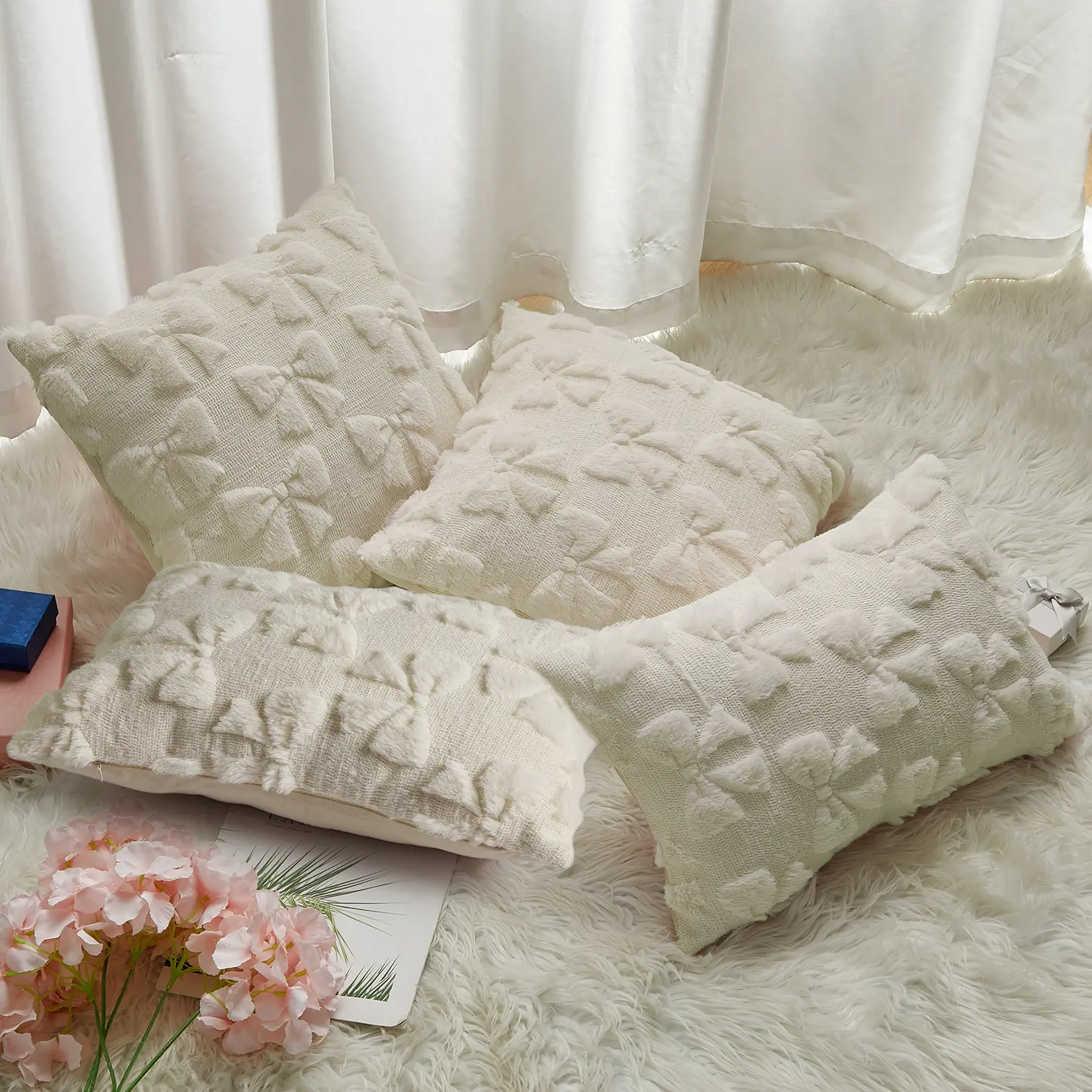 4-Pack Double Thick Chenille Fabric Throw Pillow Covers, 20x20 Inch Neutral Tones Solid Square Cushion Cases with Invisible Zipper - 2 White/2 Light Coffee for Sofa, Bedroom, Four Pieces