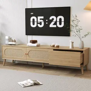 Boho Rattan TV Stand Consoles for TVs up to 80'', Mid-Century Solid Wood Entertainment Center with Storage Cabinets, Practical Media Console for Living Room, Bedroom, Natural