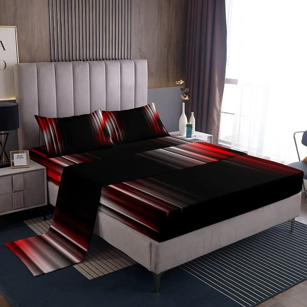 Feelyou Microfiber Bed Sheet Set - Geometric Abstract Ombre, Grey White Red Black Striped, Deep Pockets, Elegant Design, Simple Modern Bedding for Boys, Microfiber Bed Sheets