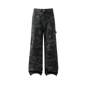 Retro Camouflage Loose Fit Workwear Denim Pants Casual Wide Leg Functional Trousers pants