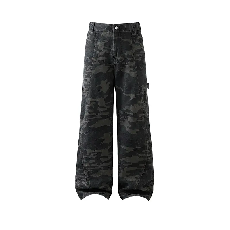 Retro Camouflage Loose Fit Workwear Denim Pants Casual Wide Leg Functional Trousers pants