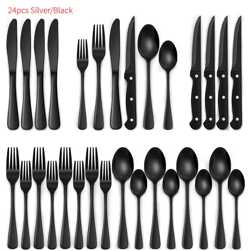 24Pcs Stainless Steel Cutlery Set, Dinnerware Service Set, Tableware Sets, Kitchen Dining Utensils, Metal Utensils Set, Suitable For Home, Restaurant, Dishwasher Safe Tableware Utensils Kitchenware, Matte Black Flatware Set