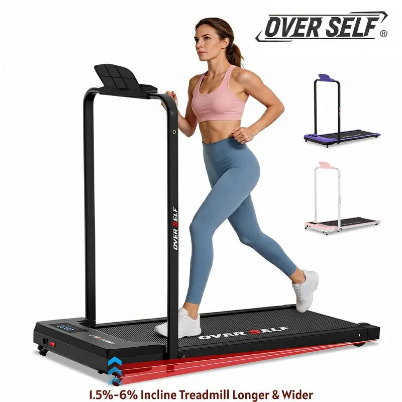 OVER SELF 2-in-1 Incline Treadmill with Handrail, 0–6% 3-Level Mannual Adjustable Incline Walking Pad, Extended Treadbelt Foldable Under Desk Treadmill for Home Office, Plus-size for Tall People, 6.2 MPH, 300 LBS, Remote Control & Wheels, Dealsforyoudays