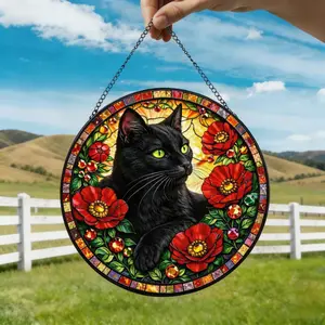 Stained Glass Black Cat Suncatcher, Floral Cat Window Hanging Art, Round Cat Sun Catcher, Cat Lover Gift, Home Window Decor