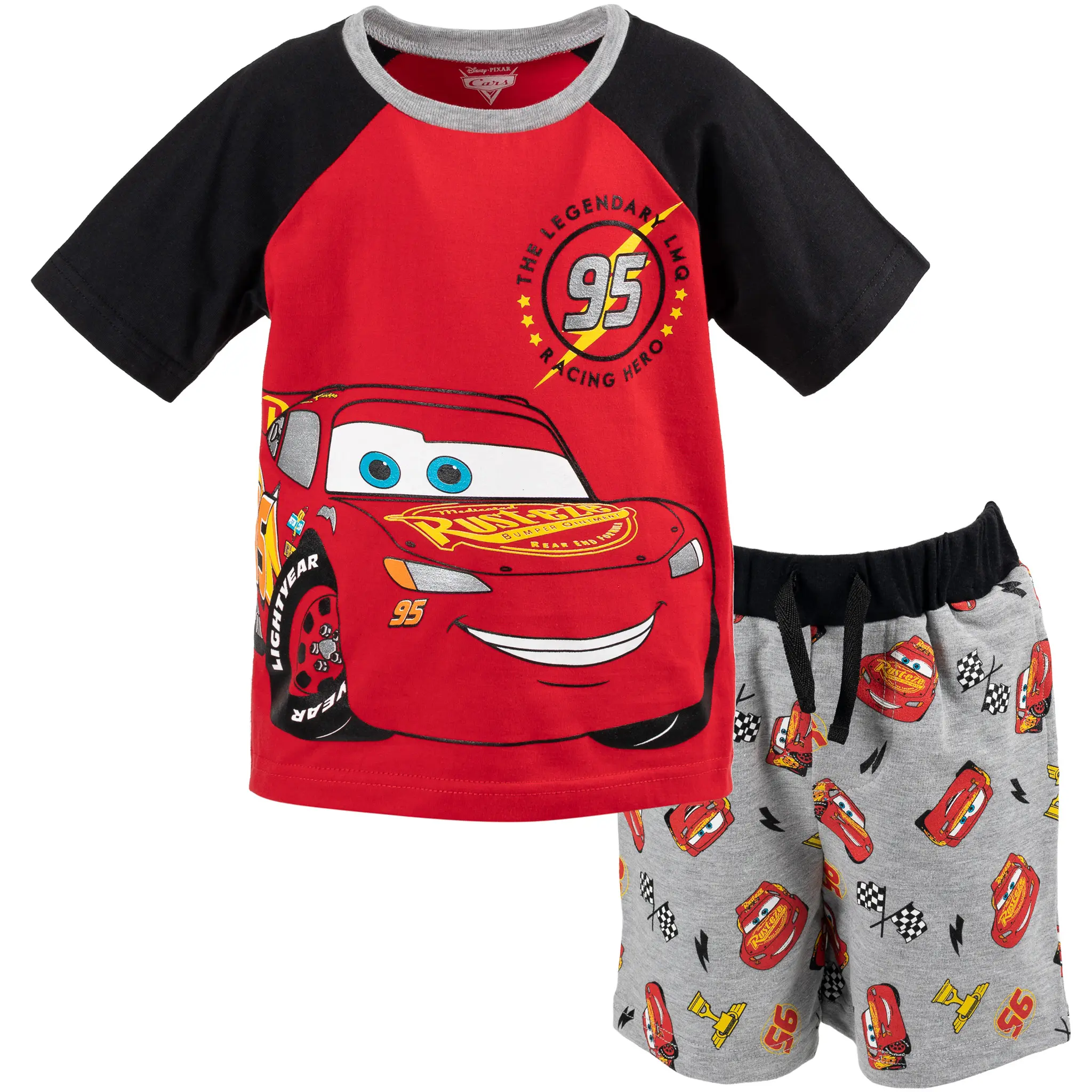 Disney Cars Lightning McQueen Boys' 2-Piece Raglan Crewneck T-Shirt and French Terry Shorts Set with Silver Foil Red Grey Toddler to Big Kid