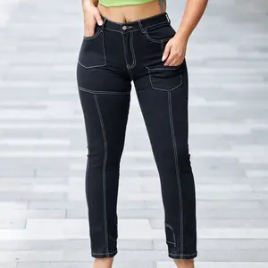 Multi-pocket split straight leg jeans simple fashion daily casual Fit Womenswear Cotton Bottom Chic Essential Outdoor Piece Black Workwear