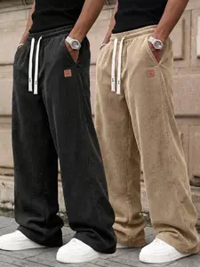Men's Loose Fit Corduroy Pants, Elastic Waist Drawstring Casual Trousers with Leather Patch for Everyday Comfort