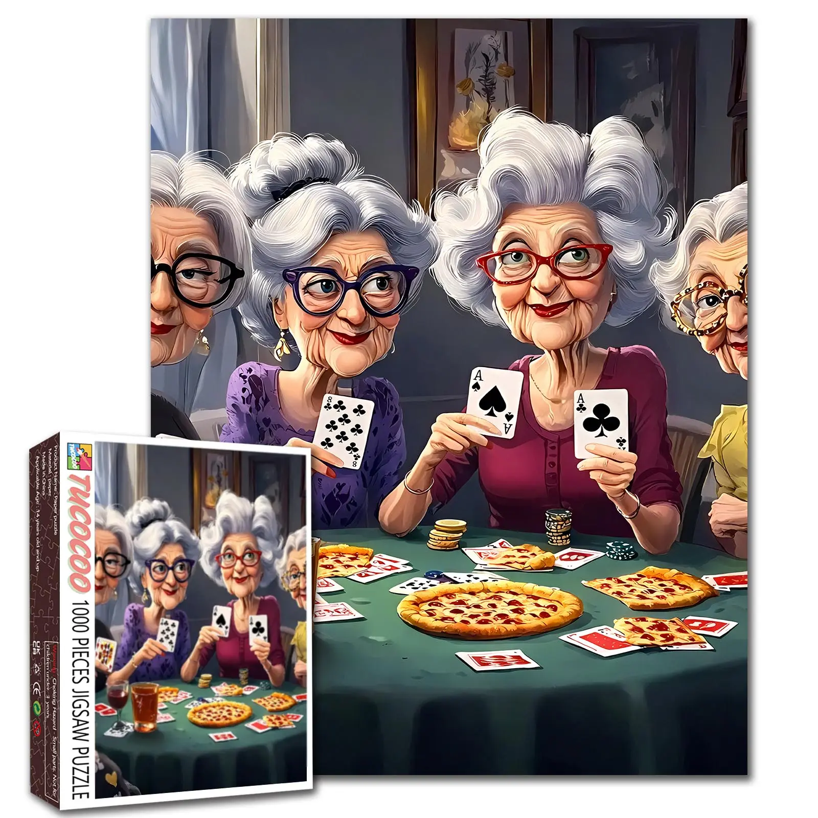 Tucocoo Funny Card Game Grandma 1000 Pieces Jigsaw Puzzle Senior Ladies Playing Cards Pizza Party Humor Artwork for Adults, Family Game Night, Stress Relief, Brain Challenge, Wall Decor Gift for Grandparents, 27.5x20inch(70x50cm)