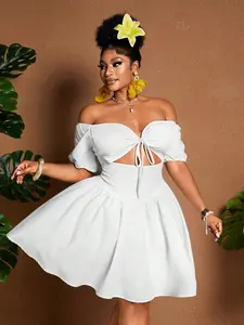 Plus Size Strapless Mini Dress, Designed for Plus Size Curvy Pear Shape, Front Placket, Waist Cinch, Fluffy Short Sleeves, Flowy A-Line Skirt, Perfect for Beach, Parties