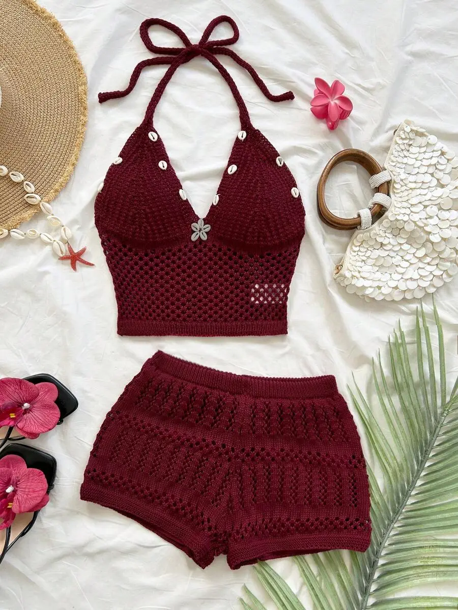 KULANI Women's Summer New Shell Decor Halter Knit Top And Shorts 2 Pieces Set