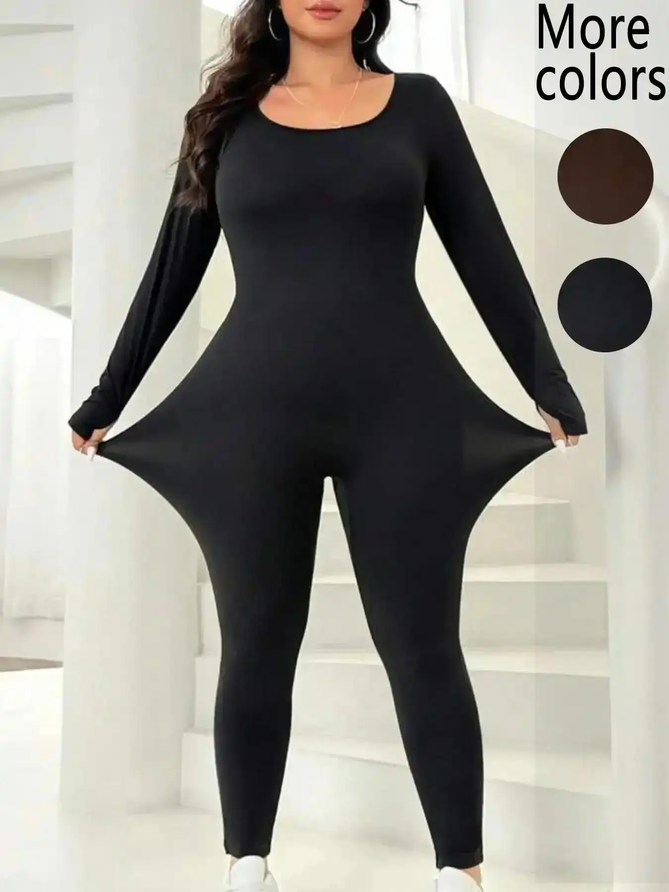 Plus Size 1 Piece Women's Long Sleeve Workout Jumpsuits, Sporty Jumpsuit, Viral "Buttery Soft Athleisure" & "Quiet Luxury" Style, Ultra-Stretchy Fabric & Body-Hugging Fit, Scoop Neck Detail, Perfect for Gym Sessions