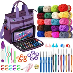 74 count Crochet Kit, Crochet Kits for Beginners with Large Storage Bag, 20 count Crochet Yarn, 16 count Crochet Hooks, Crochet Accessories for Adults,  and Beginners (Dark )