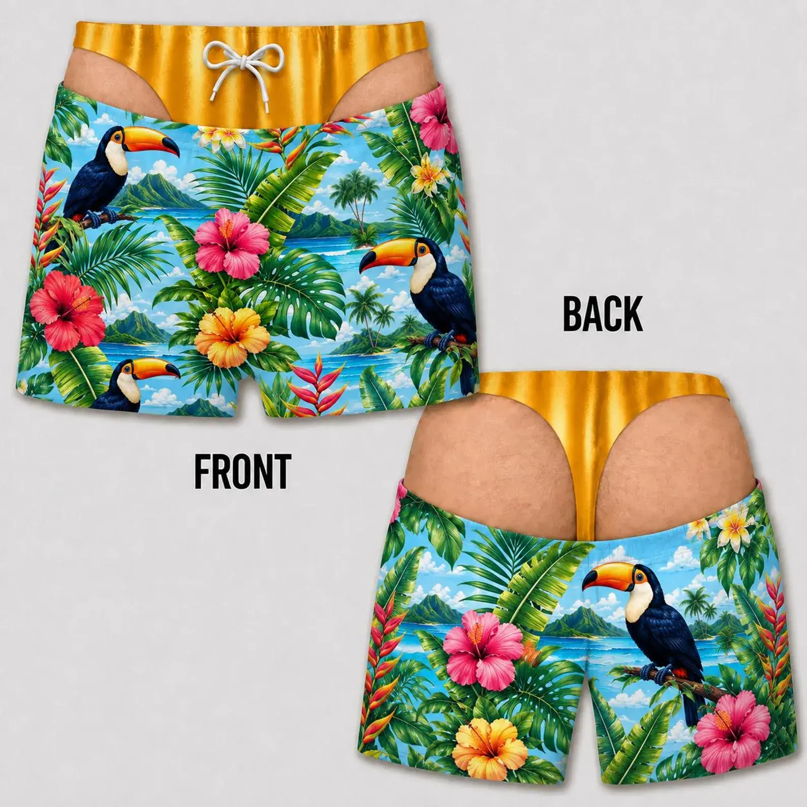 Funny Men’s Shorts with Leopard Brief Liner, USA Flag Beach Shorts, Drawstring Novelty Summer Shorts with Pockets