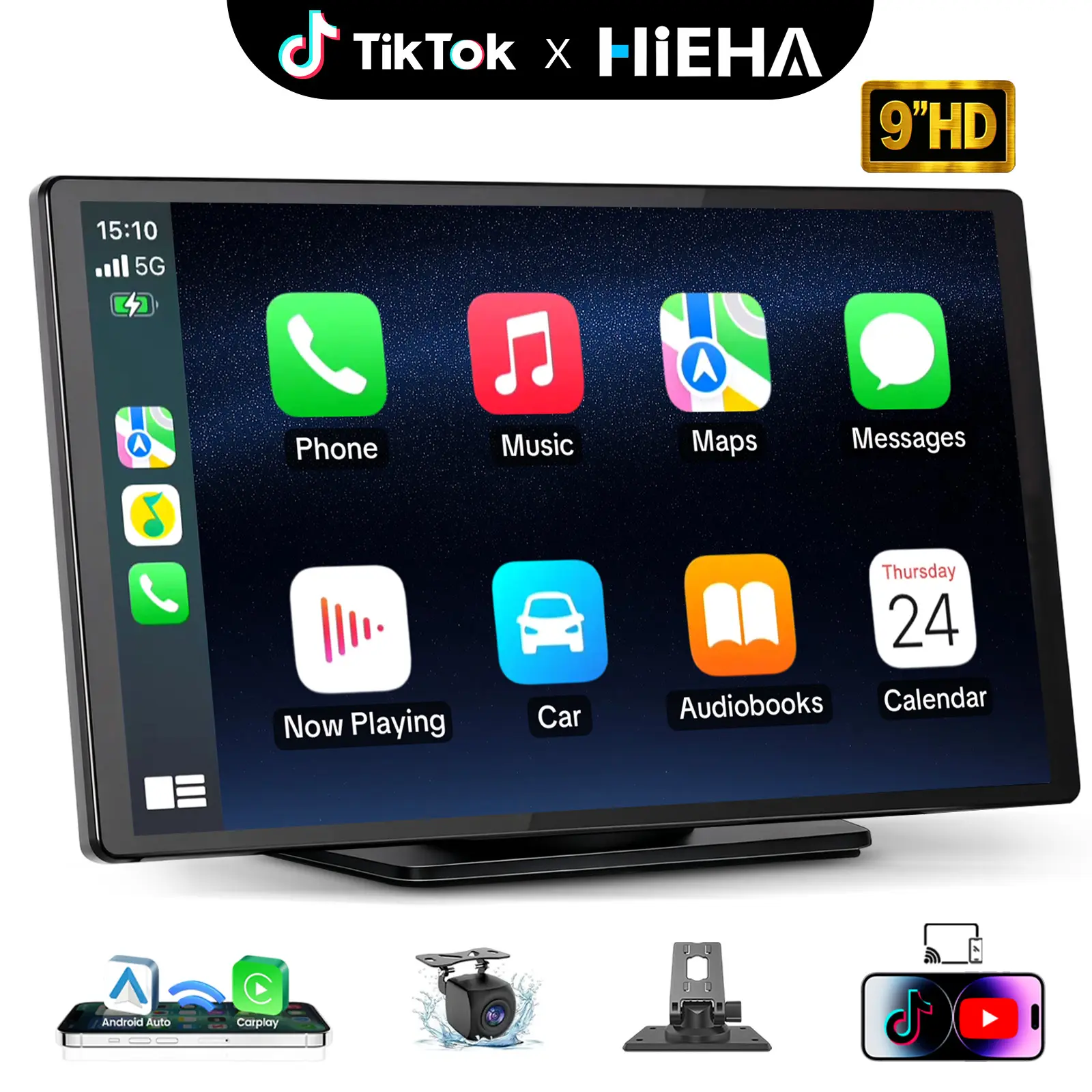 【HiEHA】9 Inch Portable Wireless Apple CarPlay Screen, Wireless Android Auto Car Display with OTA Firmware Update, 1080P Backup Camera, Bluetooth 5.0, FM/AUX, Voice Control, Supports GPS Navigation, Suitable for 12-24V Vehicles
